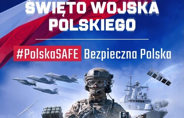Żołnierz jadący wozem bojowym w tle na niebie flaga Polski.